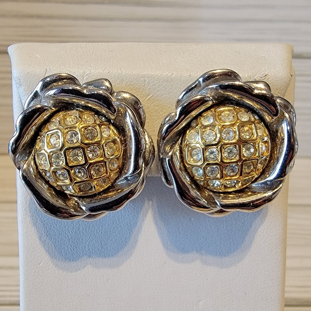 Vintage Nolan Miller Two Tone Rhinestone Flower Clip On Earrings Gold Silver